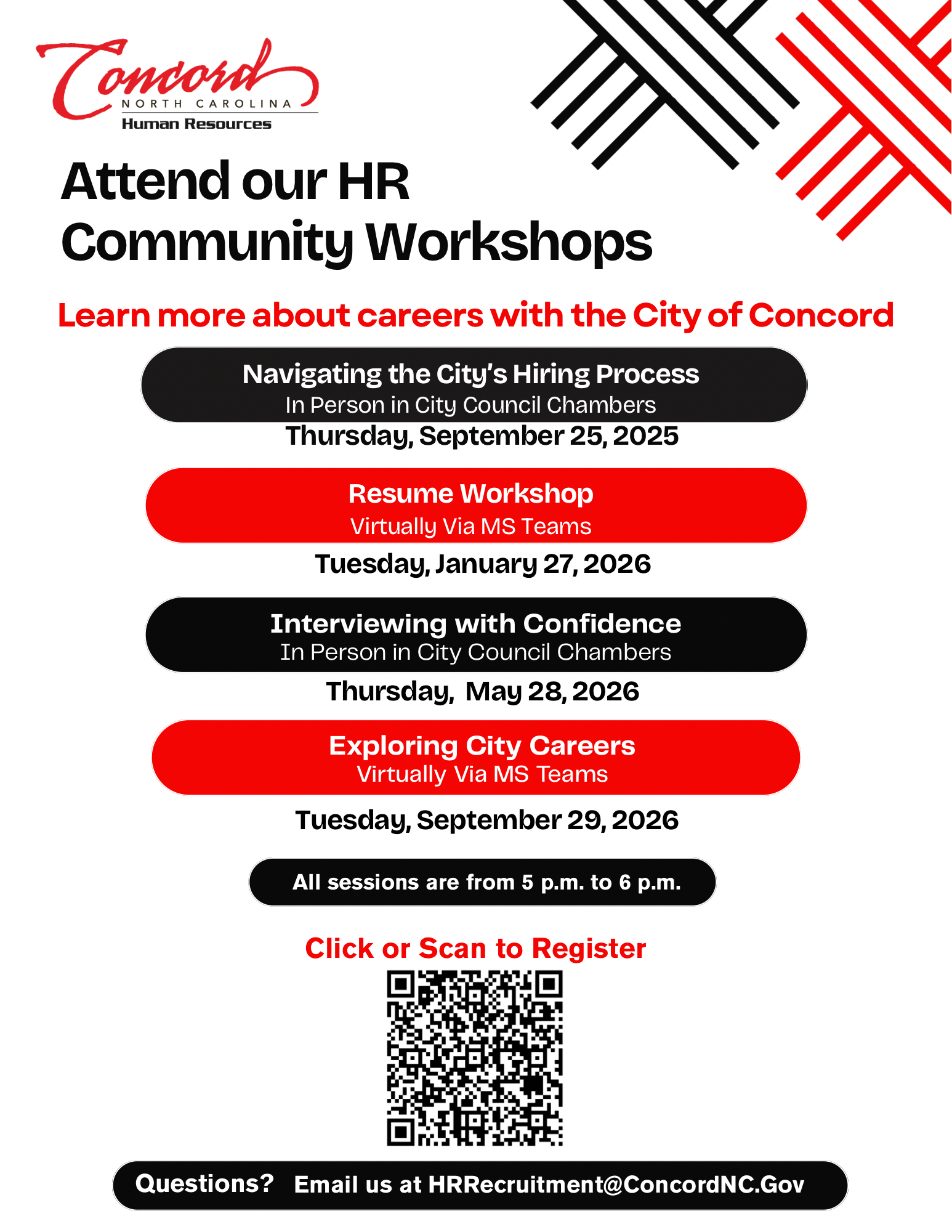 HR Department Community Work Shop Flyer Listing Dates and Locations